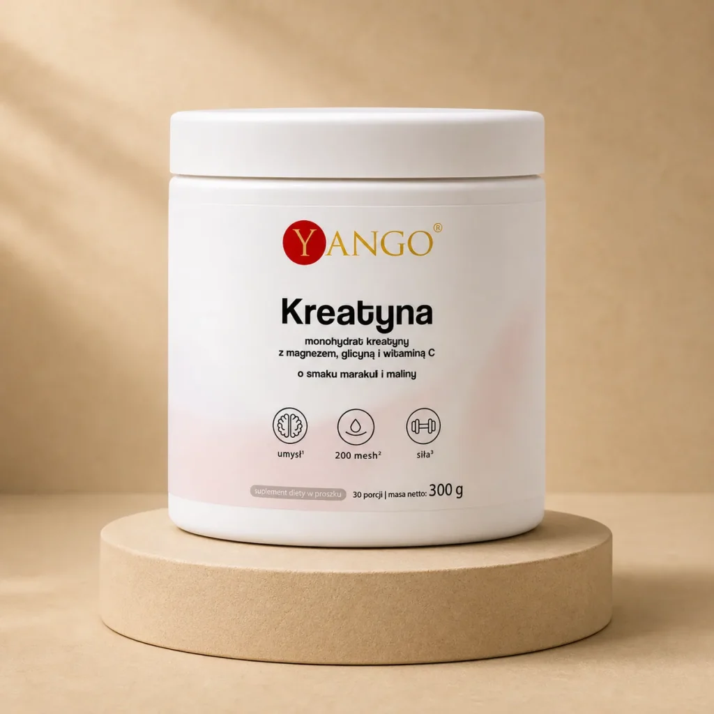Kreatyna 200 Mesh Marakuja-Malina + Magnez + Glicyna + Witamina C - 300 g - Yango, opakowanie