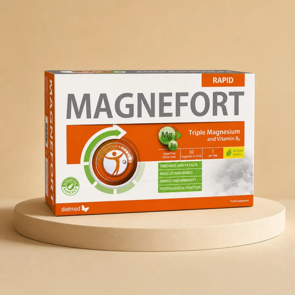 MAGNEFORT Rapid Potrójny Magnez Witamina B6 30 ampułek po 15ml, Dietmed, opakowanie