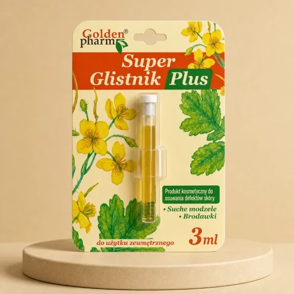 Płyn Super Glistnik Plus Jaskółcze Ziele na Modzele Kurzajki Brodawki 3ml, Golden Pharm, opakowanie