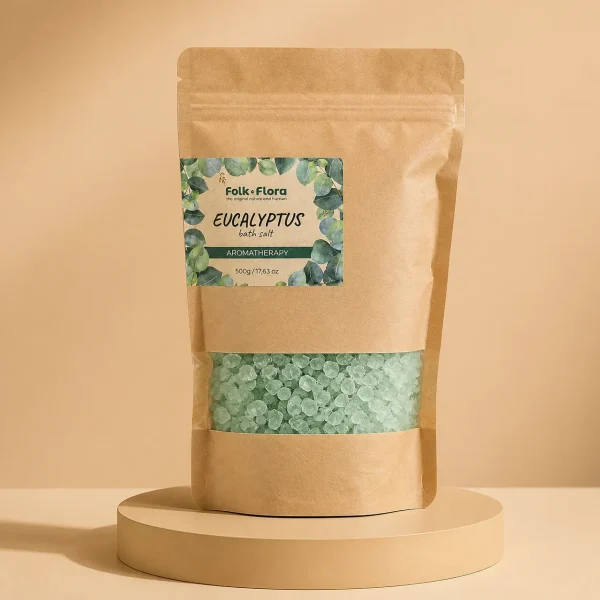 Sól do kąpieli Relaksująca EUKALIPTUS AROMATHERAPY FOLK&FLORA 500g, Folk Flora, opakowanie