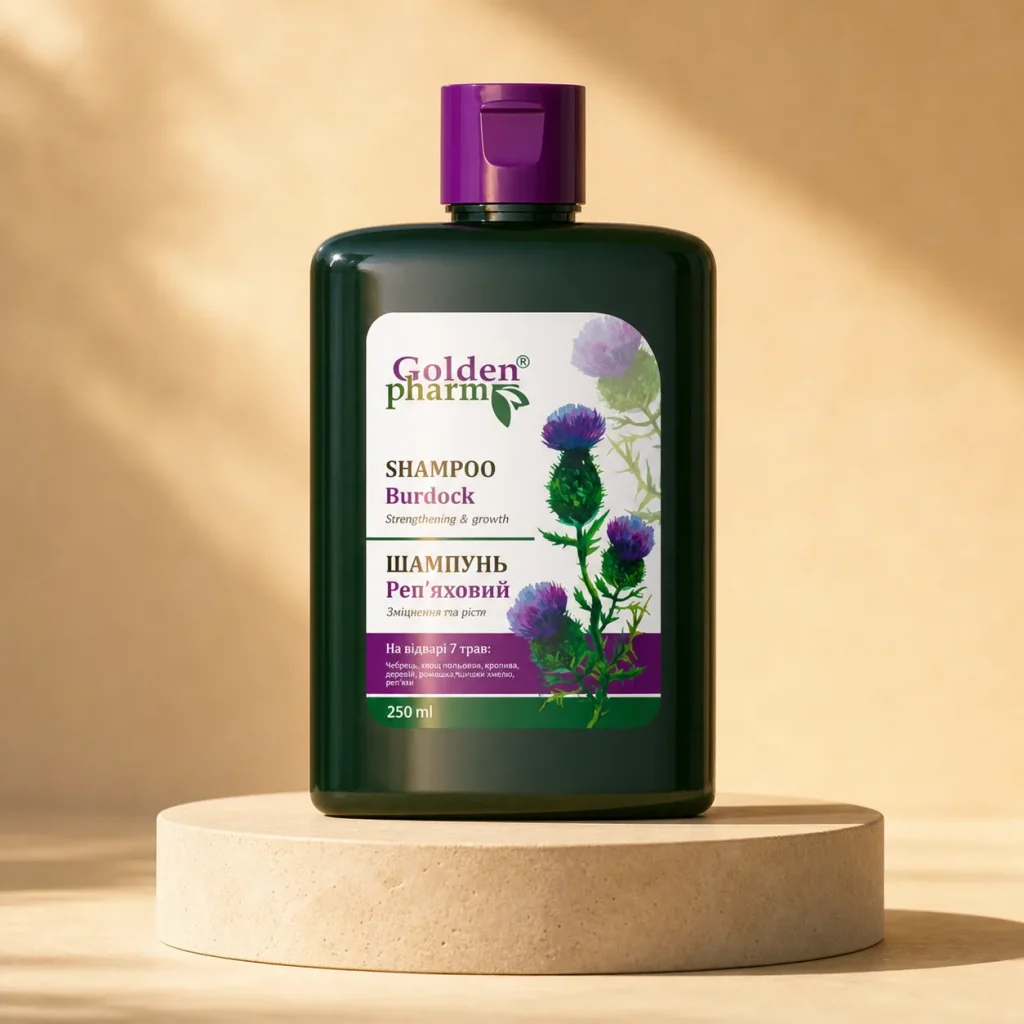 Szampon Łopianowy Na Łamliwość i Wypadanie Włosów 250 ml, Golden Pharm, opakowanie