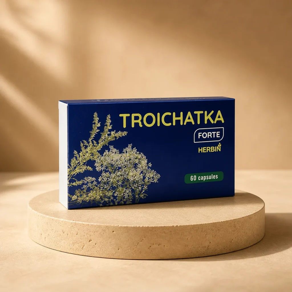 Troichatka Forte Piołun Goździki Kminek Len 60 kaps., Herbin, opakowanie